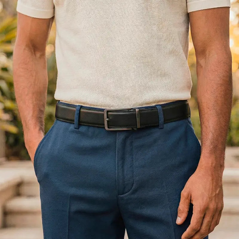 Men’s black leather belt with no holes